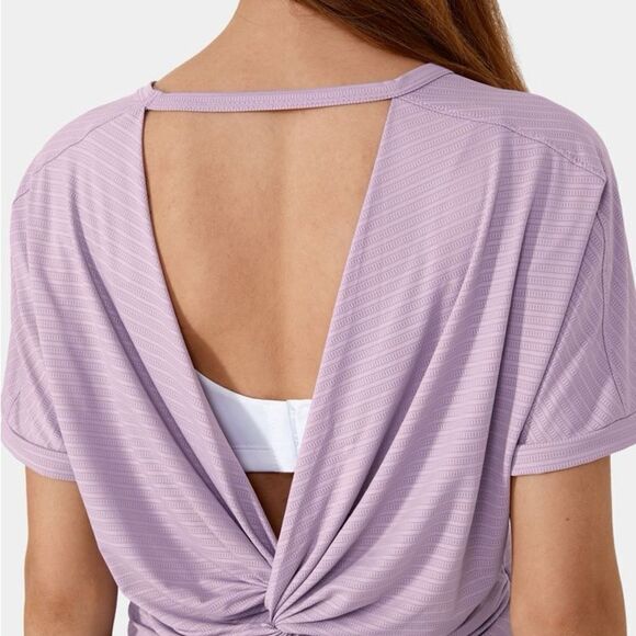 Halara Short Sleeve Twisted Cut Out Yoga Sports Top Lavender Fog S NWT IN PKG - Picture 4 of 10